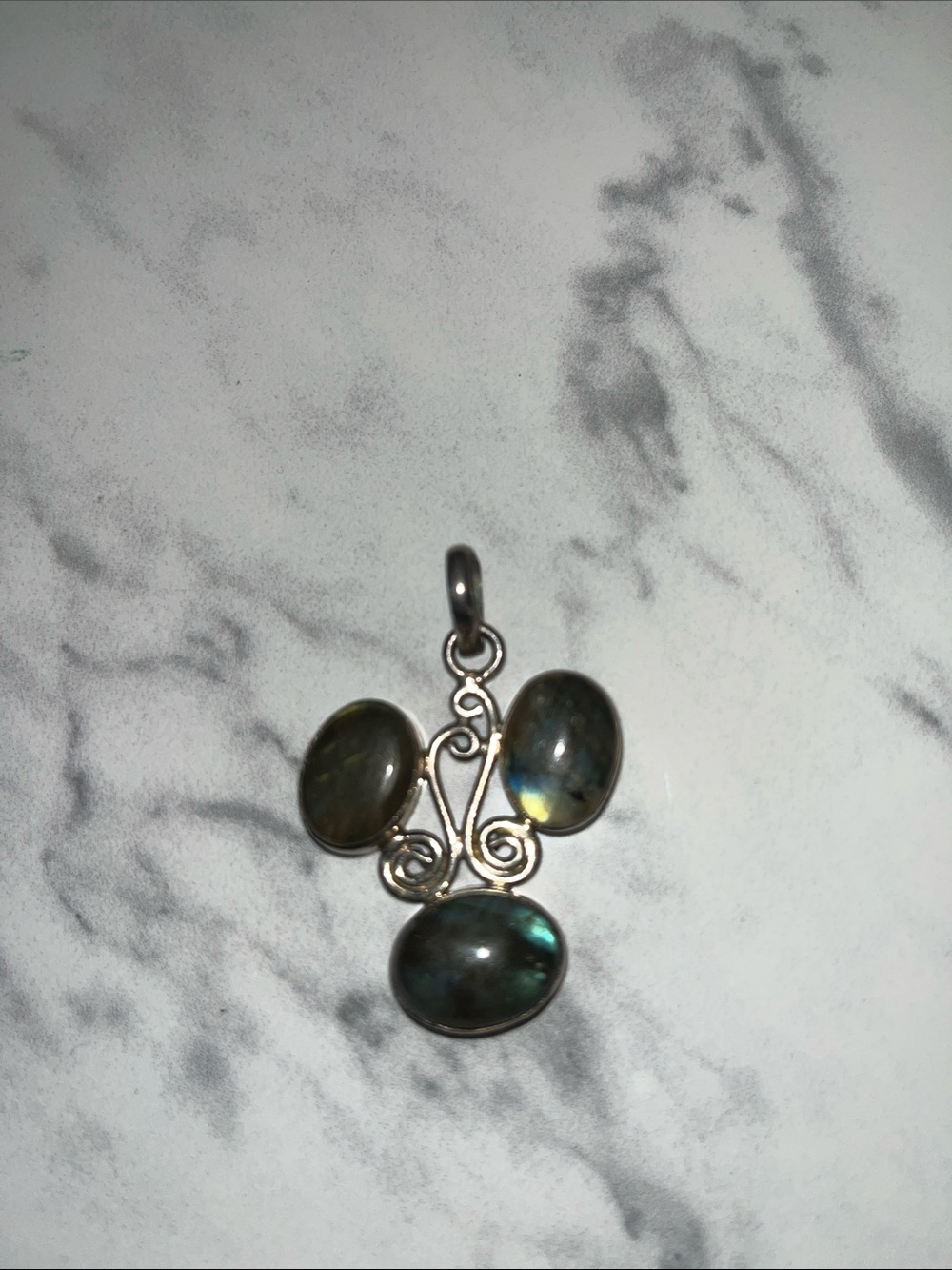Sterling Silver Labradorite Triple Oval Pendant - Blue-Green